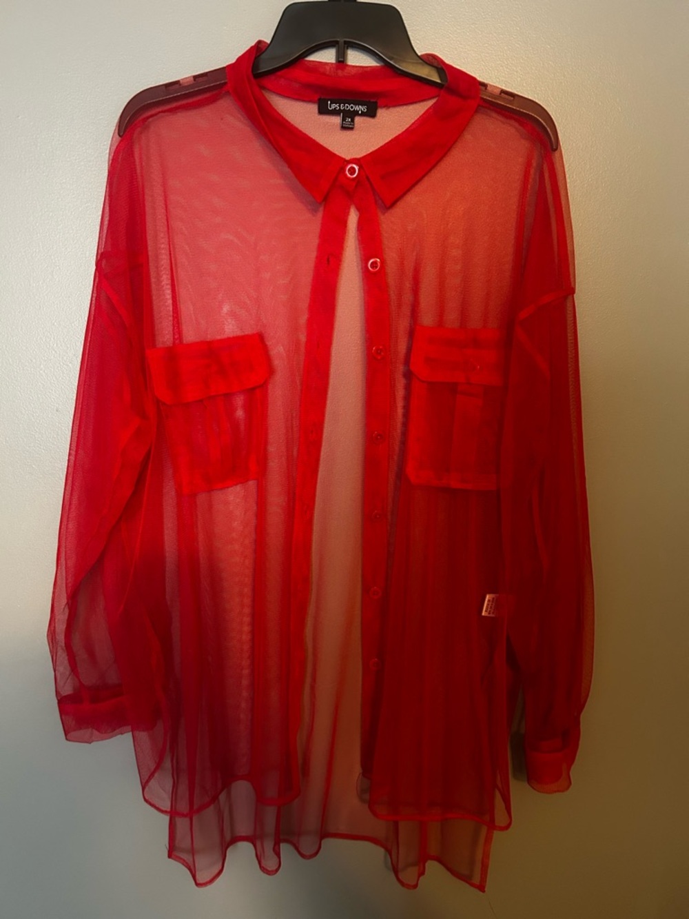 Sheer Red Button-Up Blouse
